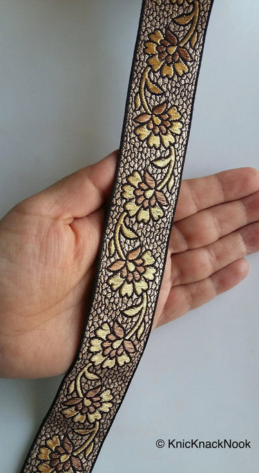 Black Fabric Lace With Floral Design, Gold And Pink /Blue /Gold/ Bronze Embroidered Trim, Approx. 30mm wide